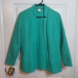 Diane Young Vintage 70s Teal Green Open Front Blazer Jacket Retro Size M